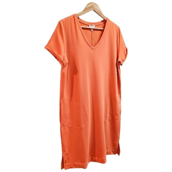 Garnet Hill Orange Tencel Terry V-Neck Shirt Dress Size Medium Pockets Stretch - Picture 2 of 10
